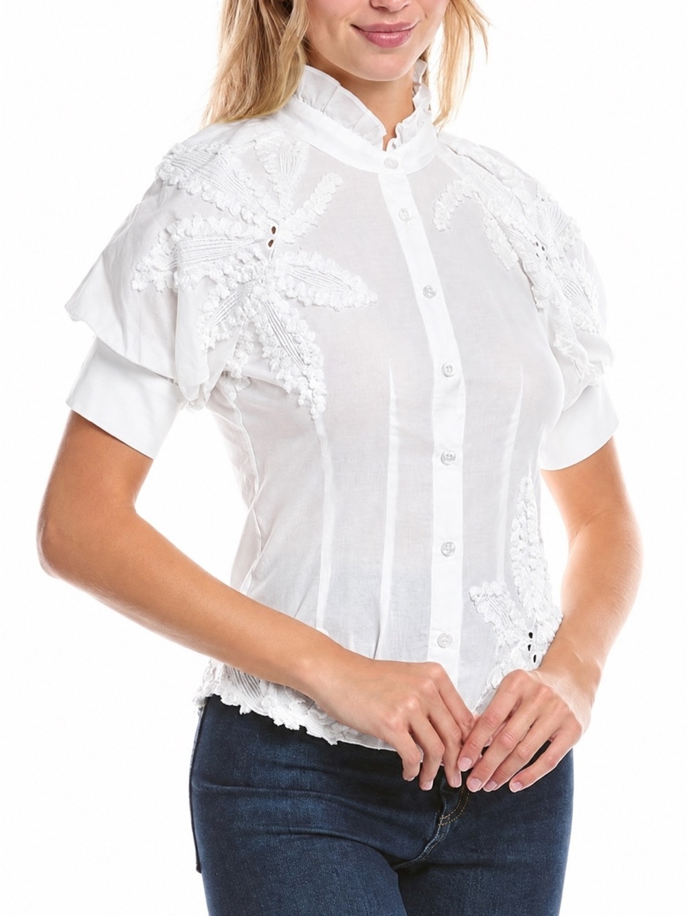 Gracia White Embroidered Ruffled Collar Button-Up Blouse